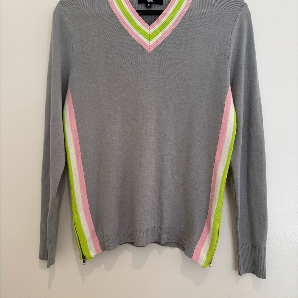 SNS Gray V-Neck Sweater with Pink and Green Accents.side zippers.size 40.stretch